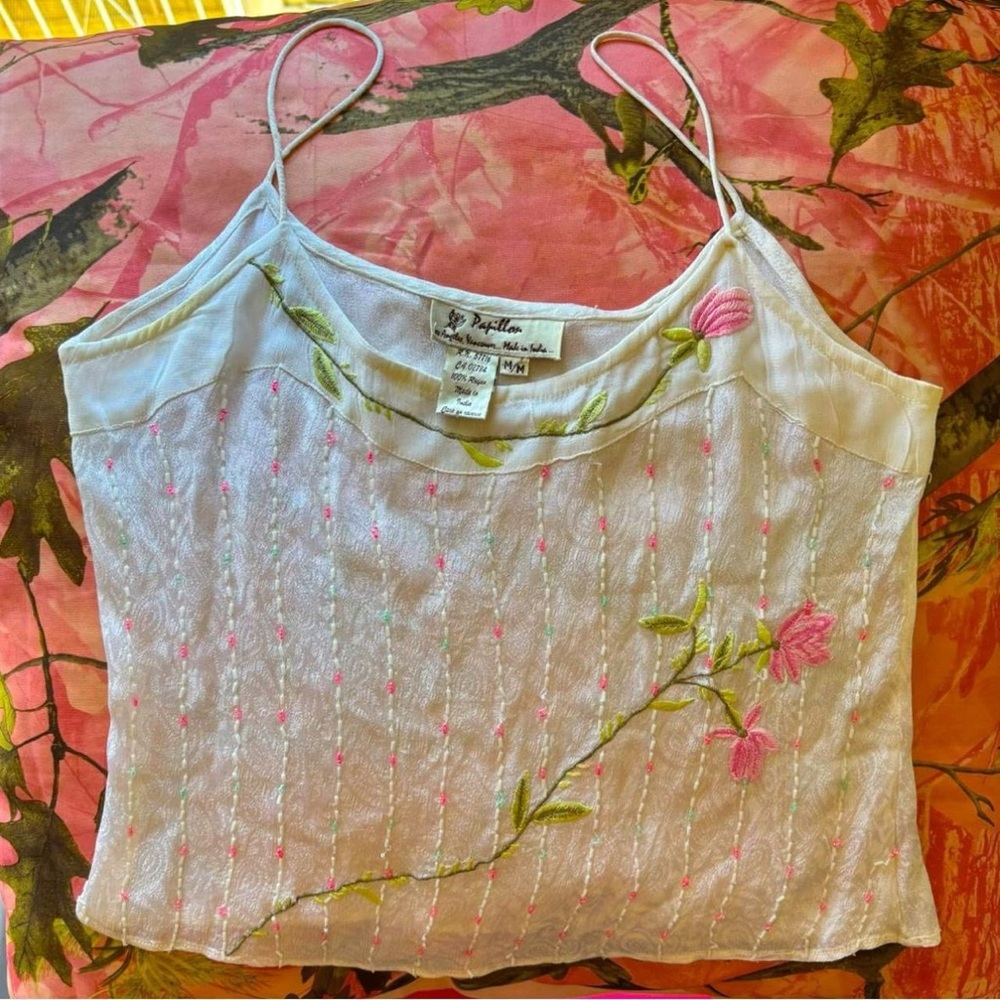 true vintage papillon beaded hand stitched floral tulip silk y2k camisole - Picture 6 of 8